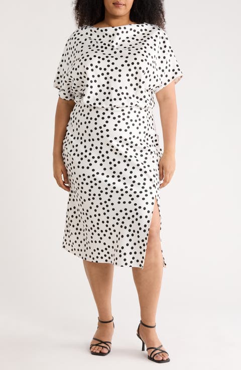 Polka Dot Short Sleeve Satin Midi Dress (Plus)