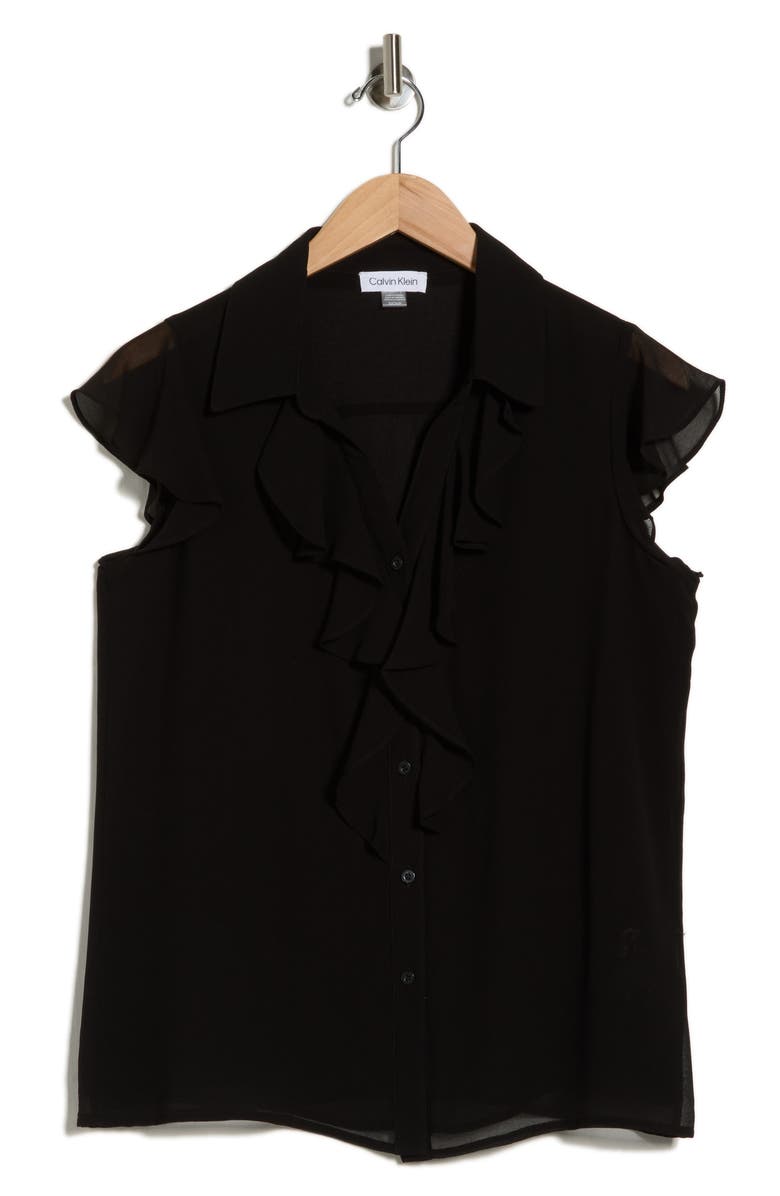 Calvin Klein Cap Sleeve Ruffle Front Top, Alternate, color, Black