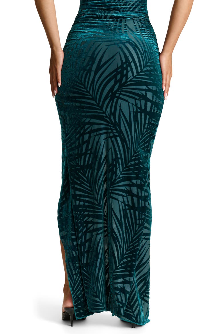 Palm Frond Burnout Velvet High Slit Maxi Skirt, Alternate, color, PALM DEEP TEAL
