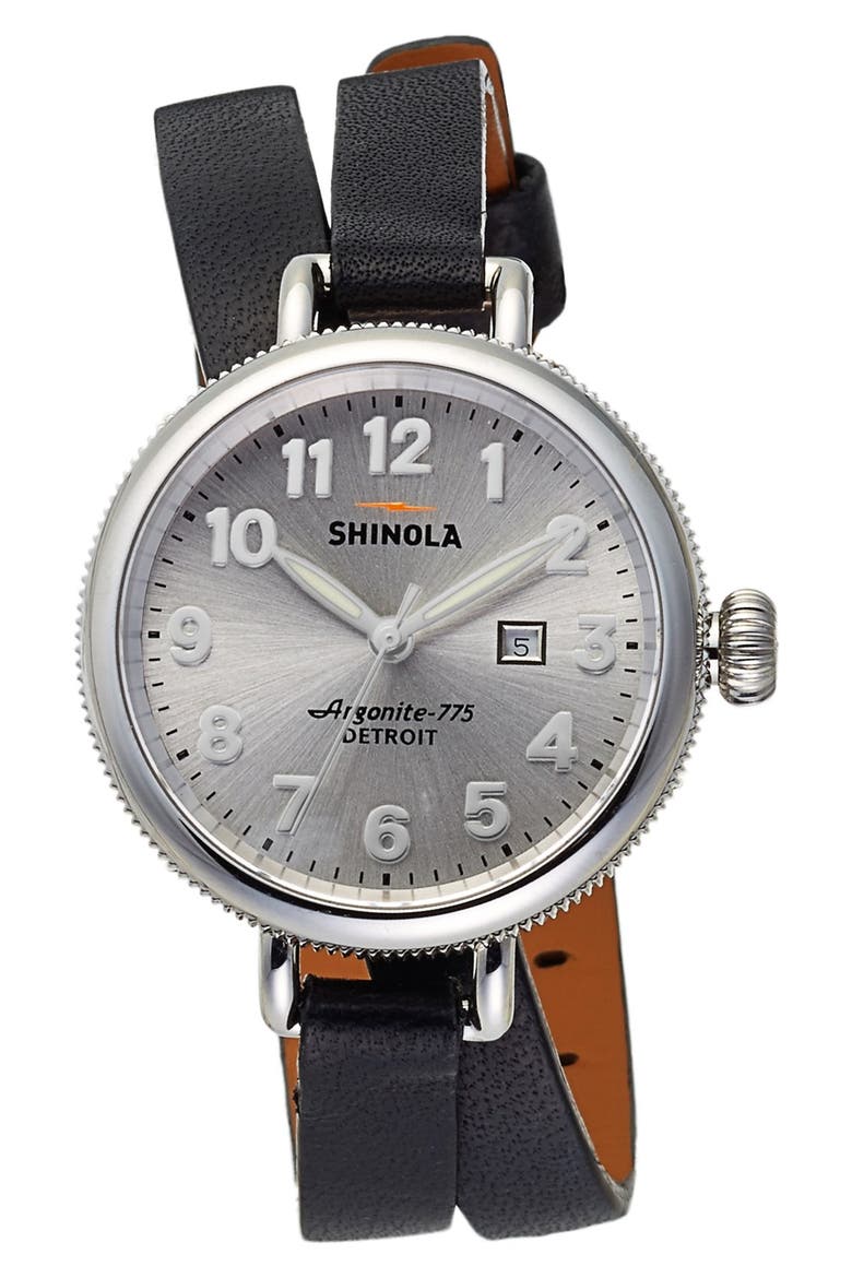 'The Birdy' Double Wrap Leather Strap Watch, 34mm, Main, color, SILVER
