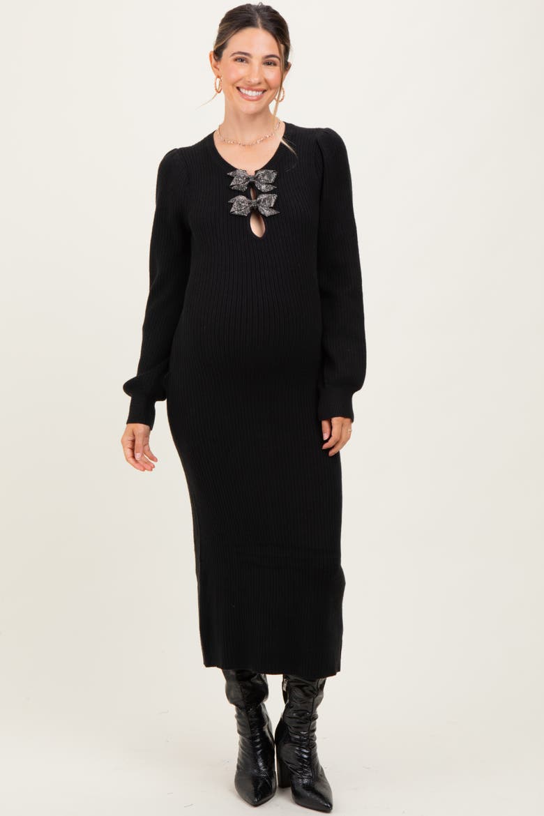 Ribbed Bow Detail Midi Sweater Dress, Main, color, Black