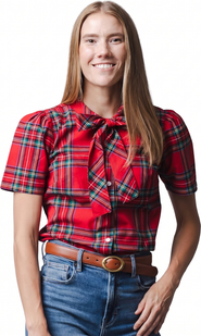 Hope & Henry Women's Organic Cotton Puff Sleeve Bow Neck Shirt