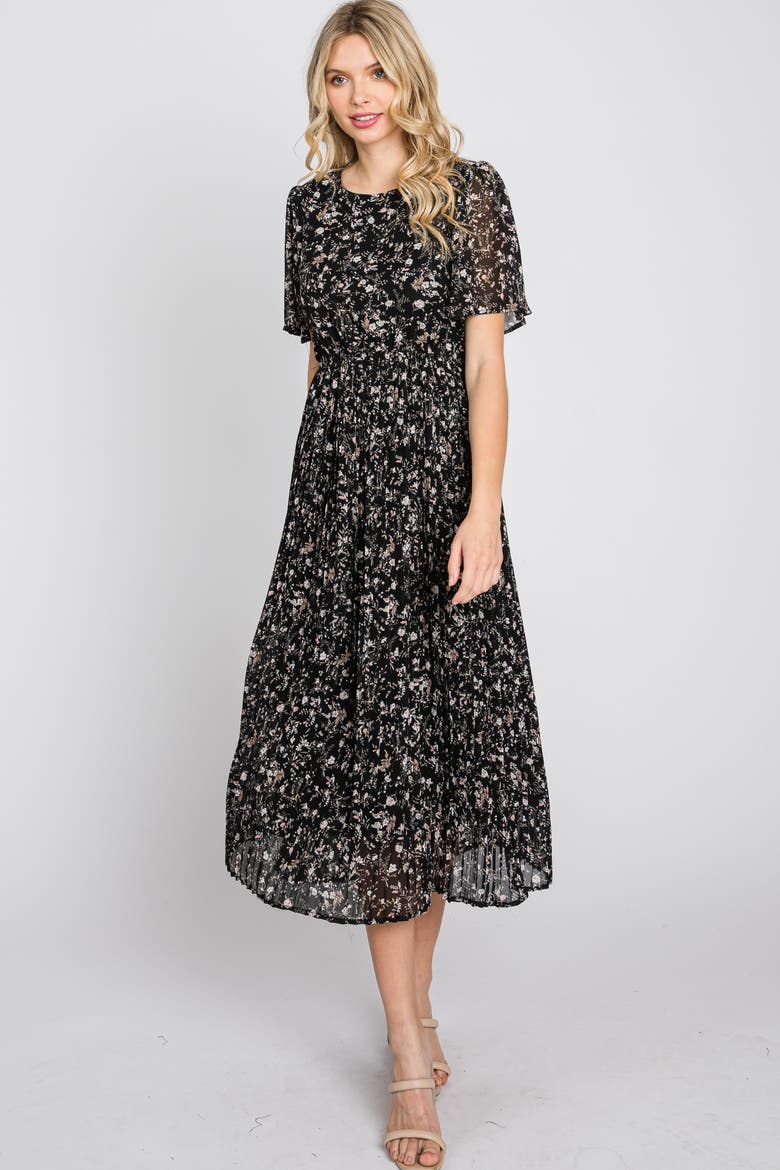 Floral Pleated Chiffon Midi Dress, Alternate, color, Black