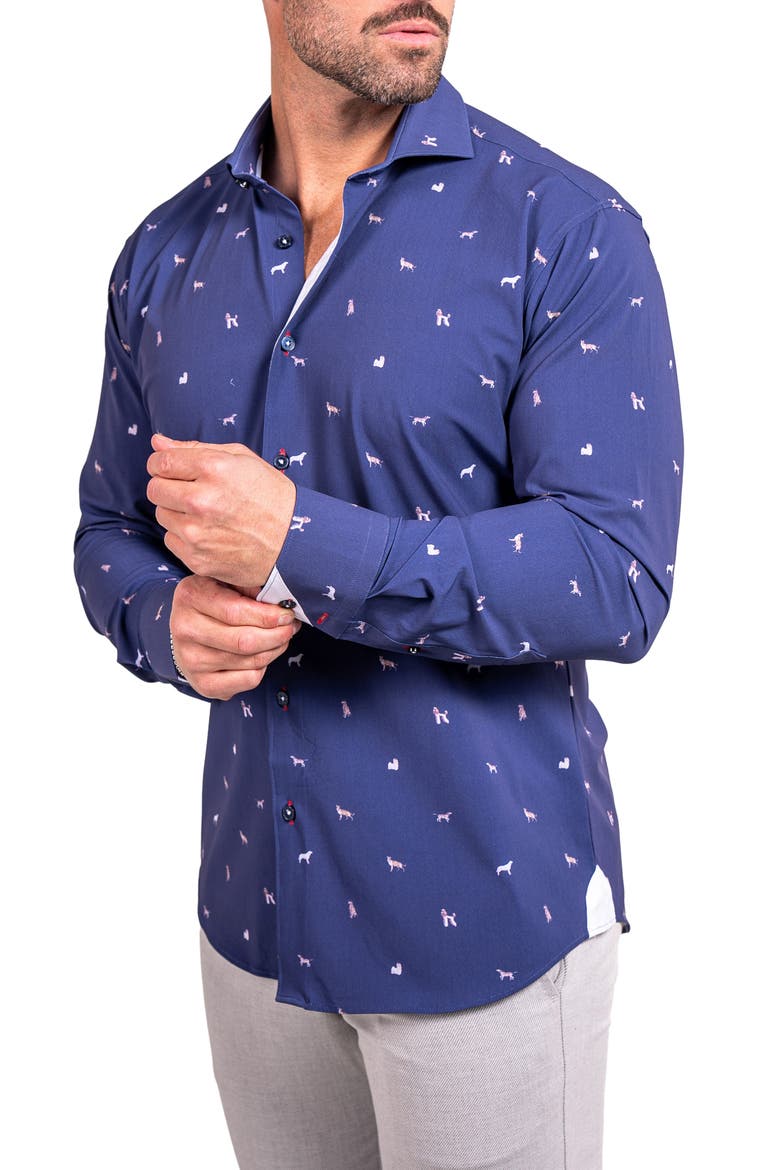 Einstein Stretch Ascension 0205 Dog Print Contemporary Fit Button-Up Shirt, Alternate, color, BLUE