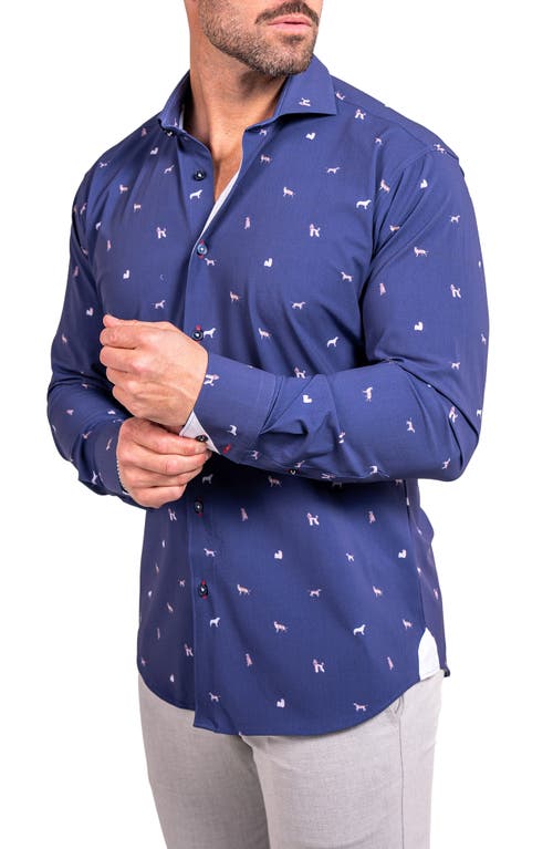 Maceoo Einstein Stretch Ascension 0205 Dog Print Contemporary Fit Button-up Shirt In Blue