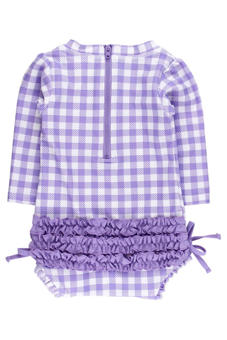 Baby Girls Gingham Long Sleeve UPF50+ One Piece Rash Guard, Alternate, color, Wisteria Purple Gingham