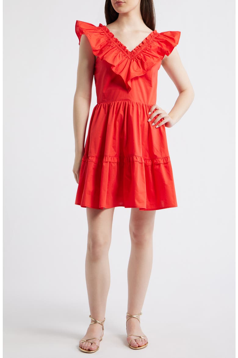 'Lil Alessandra Ruffle Tiered Cotton Fit & Flare Minidress, Main, color, HOT CORAL