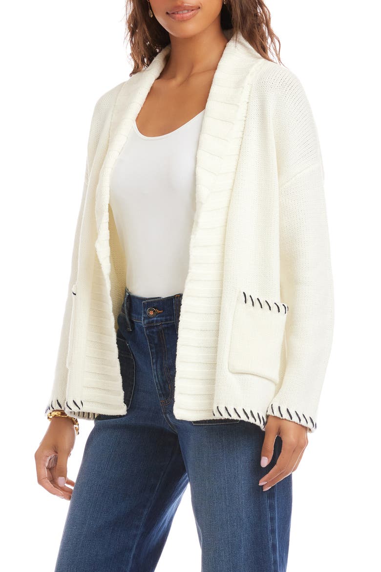 Contrast Stitch Open Front Cardigan, Alternate, color, OFF WHITE W/ NAVY