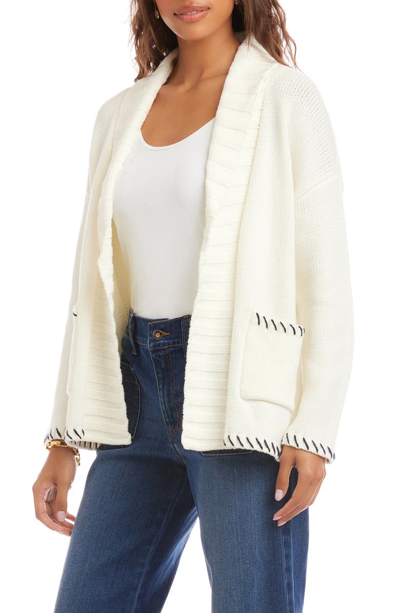 Karen Kane Contrast Stitch Open Front Cardigan, Alternate, color, Off White W/ Navy