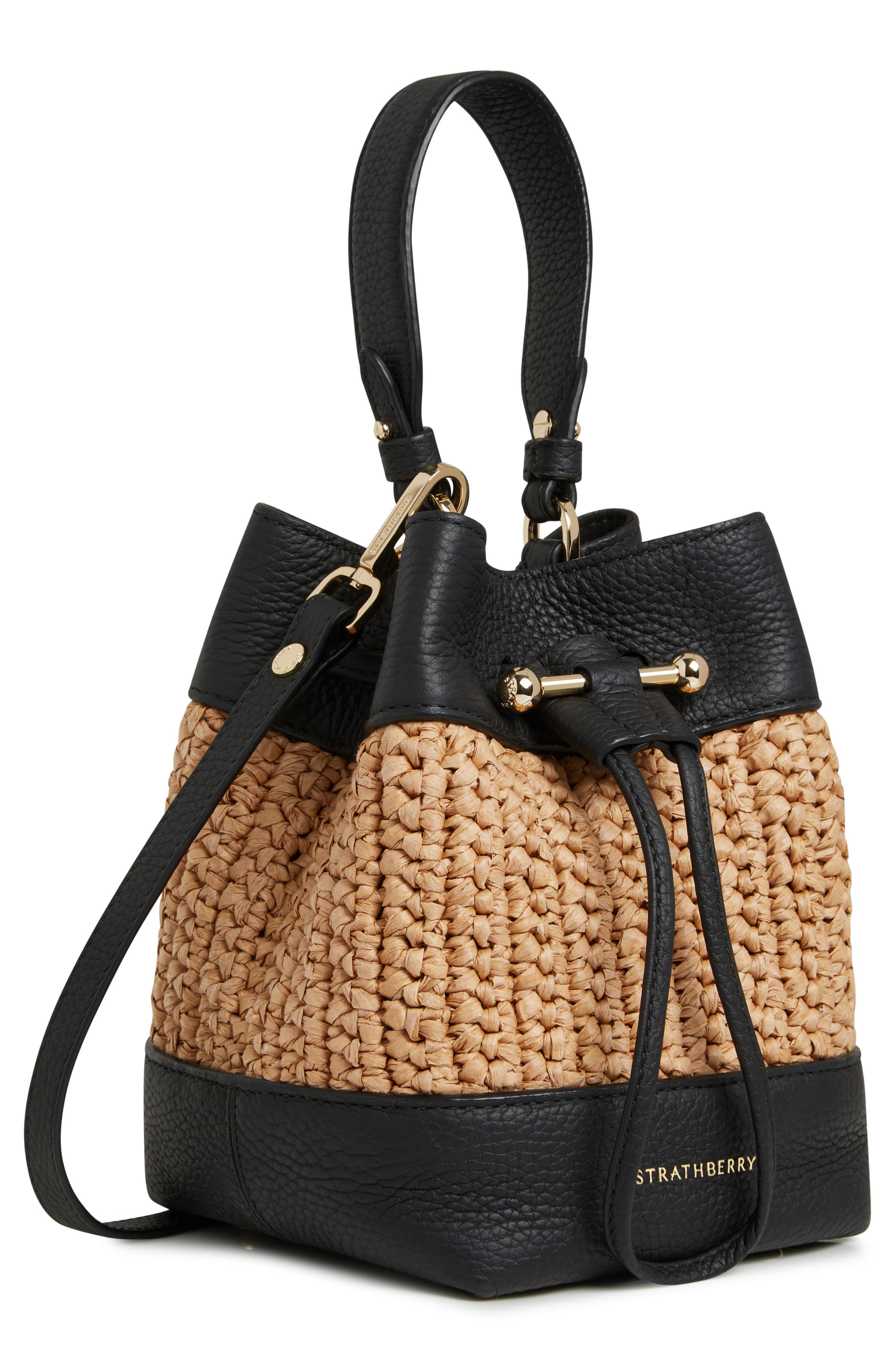 Strathberry Lana Osette Raffia & Leather Bucket Bag, Alternate, color, Black