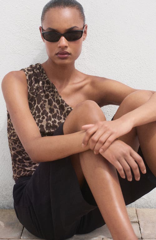 Mango Leopard Print One-shoulder Top In Brown