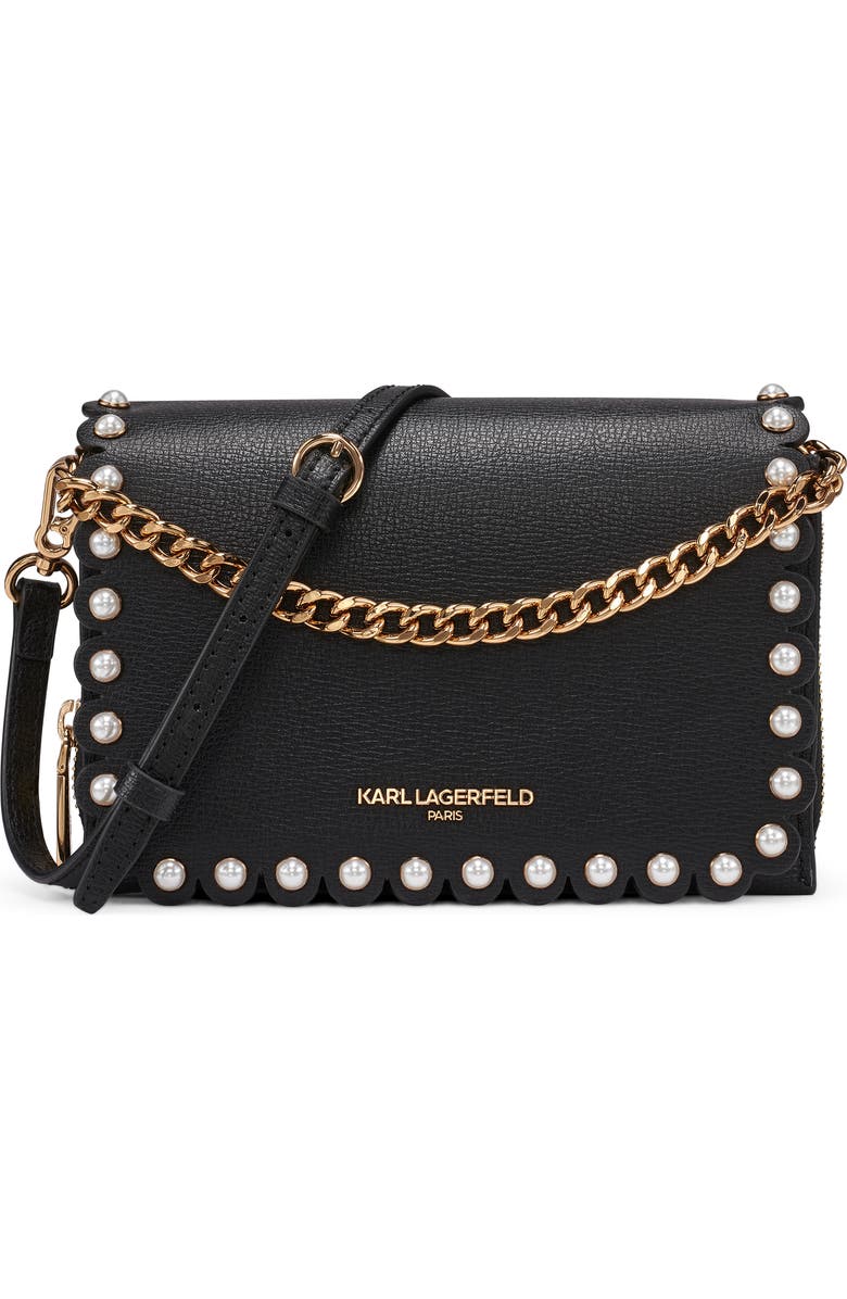 KARL LAGERFELD PARIS Lourdes Leather Crossbody, Main, color, Black/ Gold