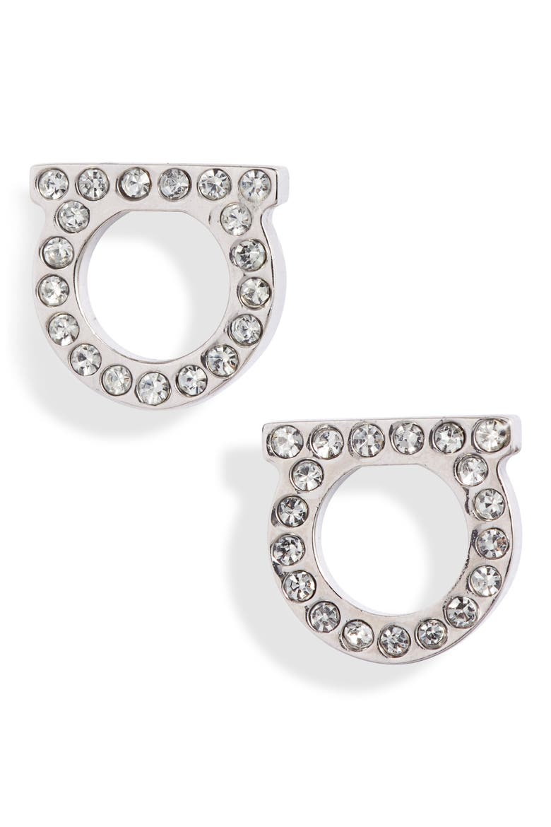 Salvatore Ferragamo Pavé Gancio Stud Earrings, Main, color, SILVER/ CRYSTAL