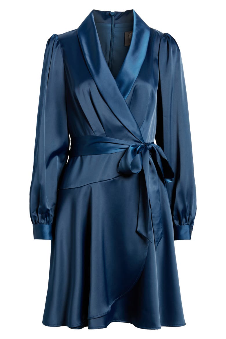 Shawl Collar Long Sleeve Satin Dress, Alternate, color, PEACOCK