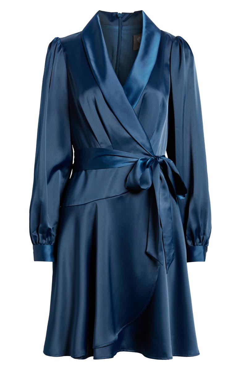 Vince Camuto Shawl Collar Long Sleeve Satin Dress, Alternate, color, Peacock