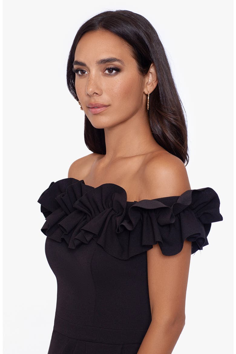 Ruffle Off the Shoulder Scuba Crepe Midi Dress, Alternate, color, BLACK