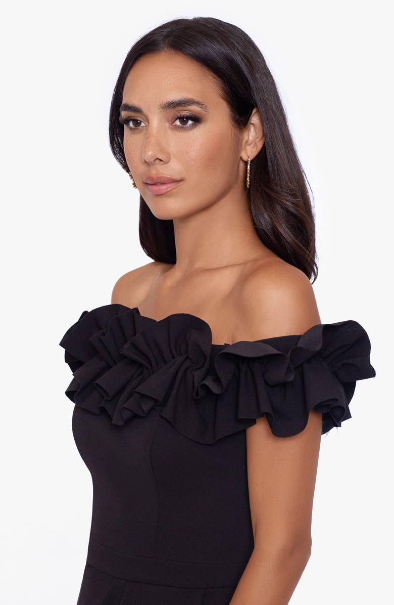 Xscape Evenings Ruffle Off the Shoulder Scuba Crepe Midi Dress, Alternate, color,