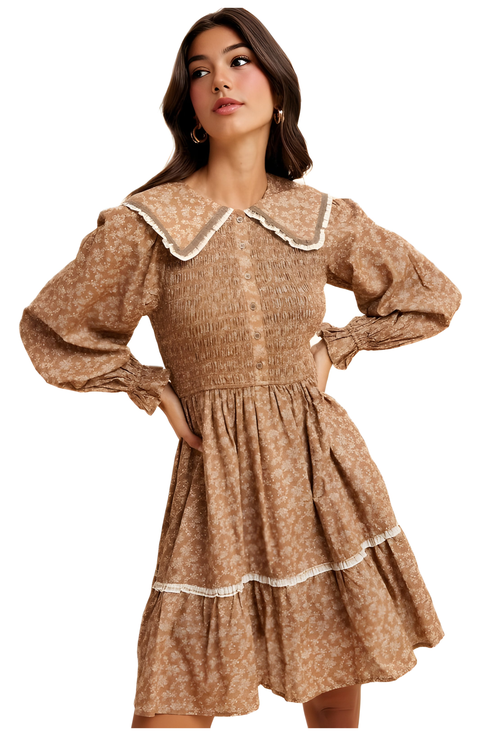 Floral Shirred Mini Dress with Lace Trim & Peter Pan Collar