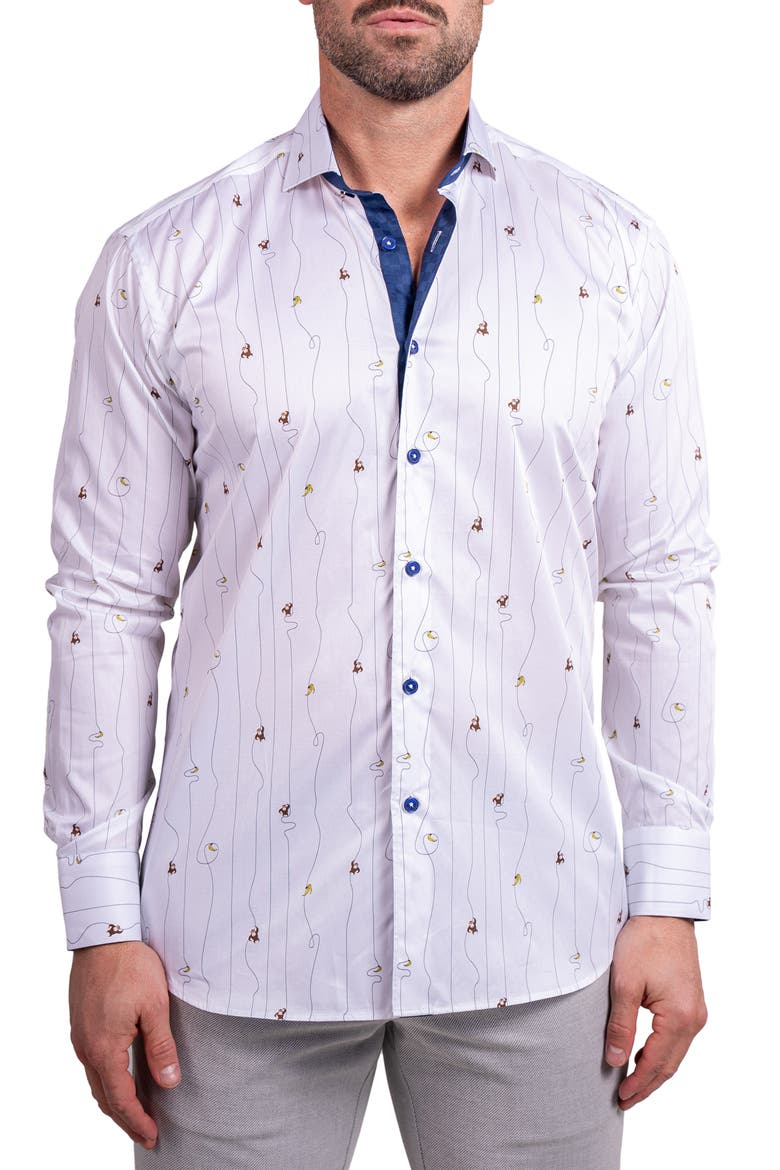 Einstein Ascension 0211 Monkey Print Contemporary Fit Button-Up Shirt, Main, color, WHITE