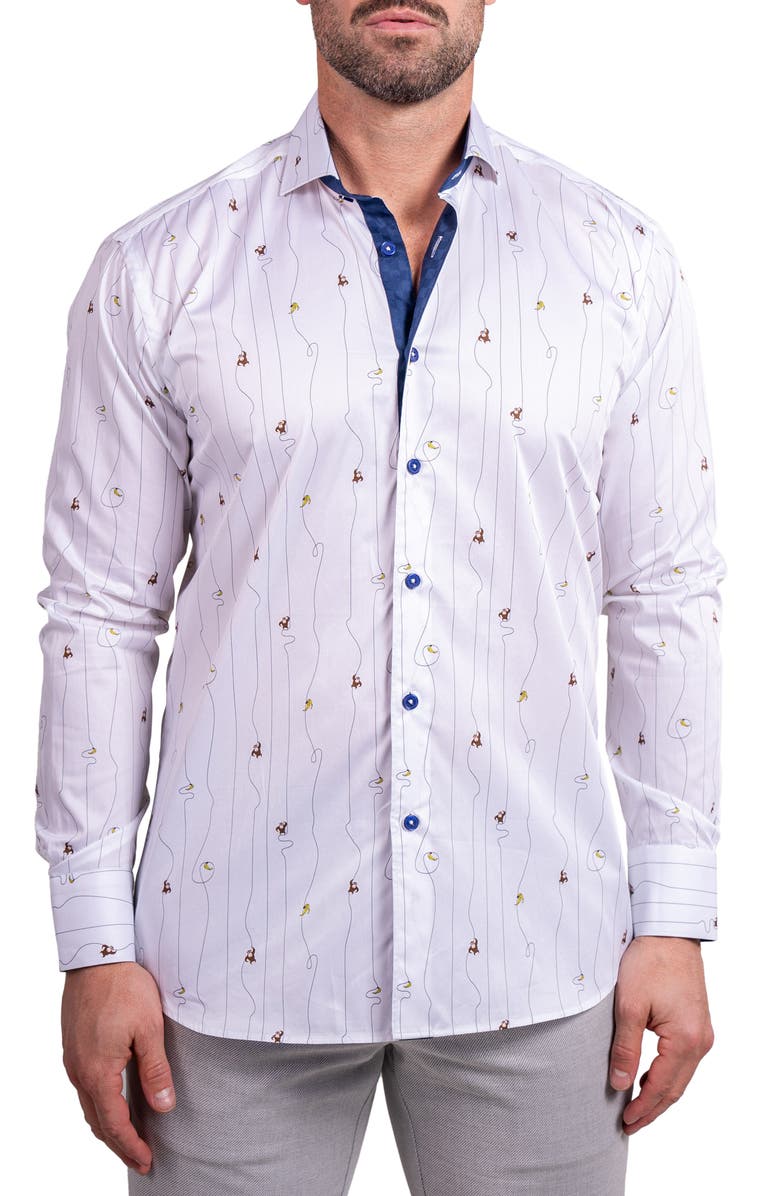 Maceoo Einstein Ascension 0211 Monkey Print Contemporary Fit Button-Up Shirt, Main, color, White