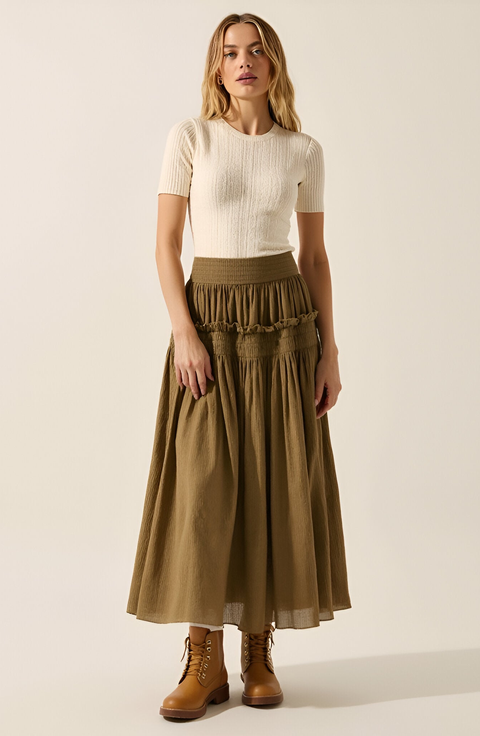 Smocked Tiered Ruffle-Trim Flowy Maxi Skirt