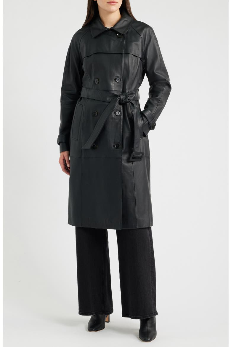 Double Breasted Leather Trench Coat, Main, color, BLACK