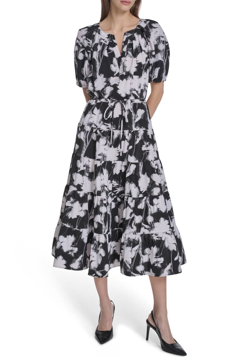 Floral Short Sleeve Tiered Midi Dress, Main, color, BLACK/ WHITE
