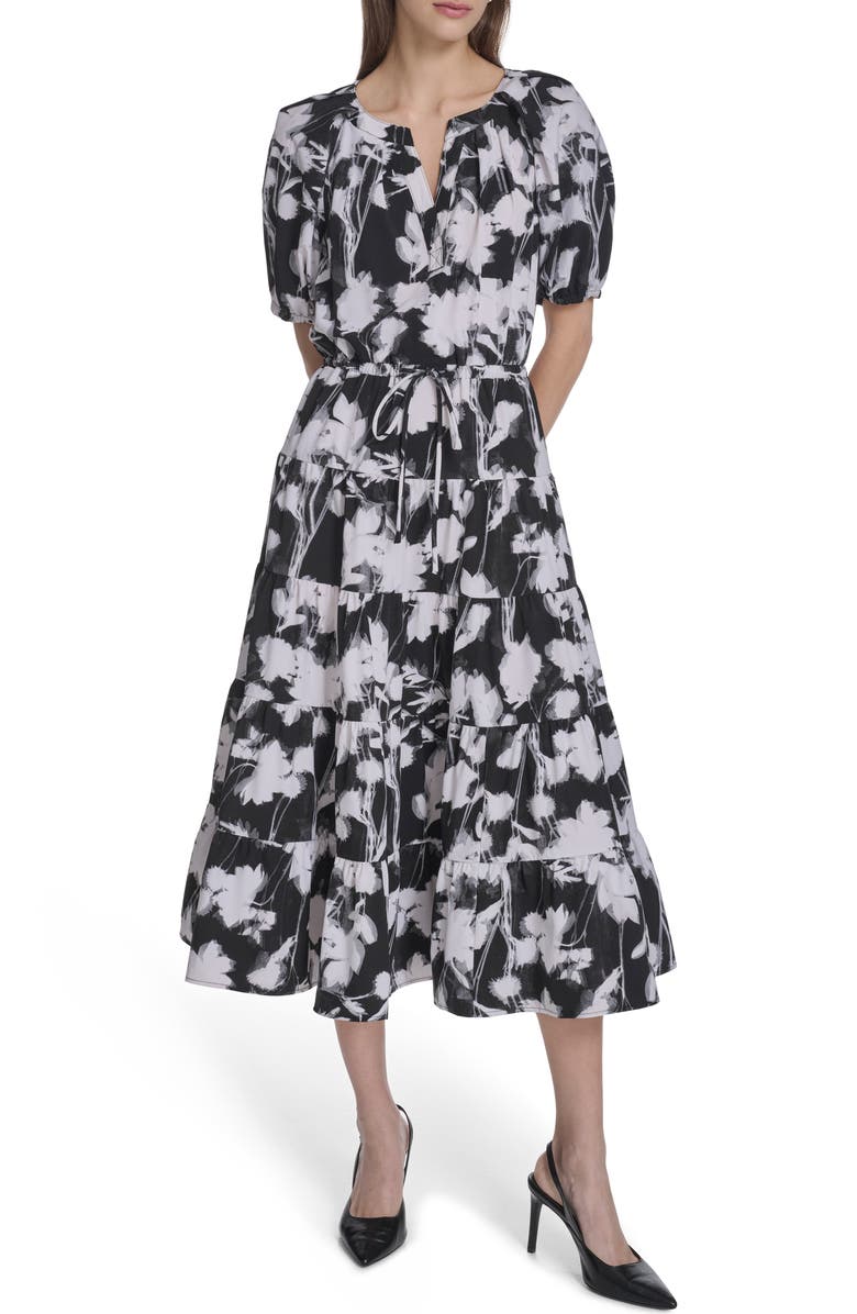 Calvin Klein Floral Short Sleeve Tiered Midi Dress, Main, color, Black/ White