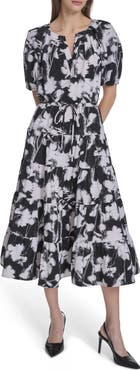Calvin Klein Floral Short Sleeve Tiered Midi Dress