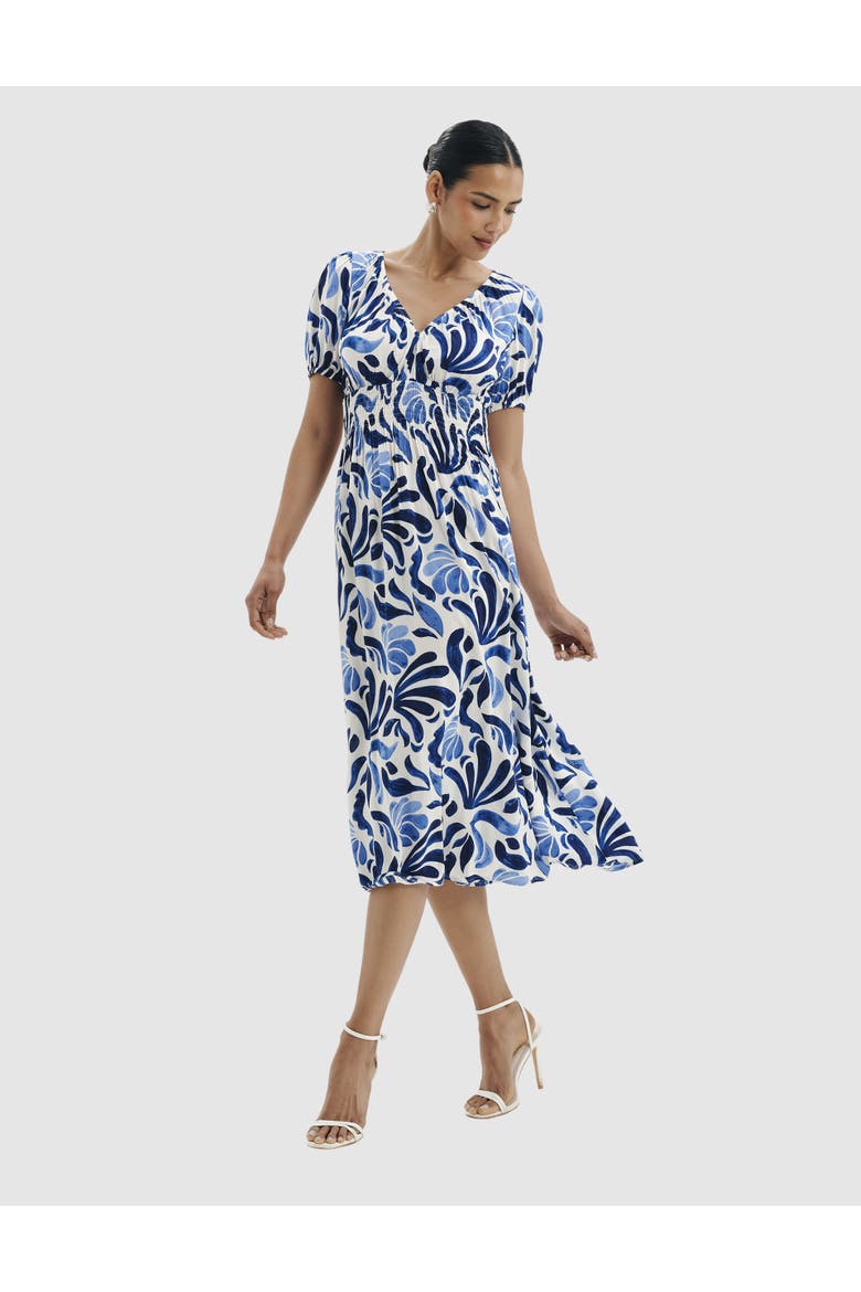 Dolly V-Neck Midi Dress, Main, color, Blue Abstract