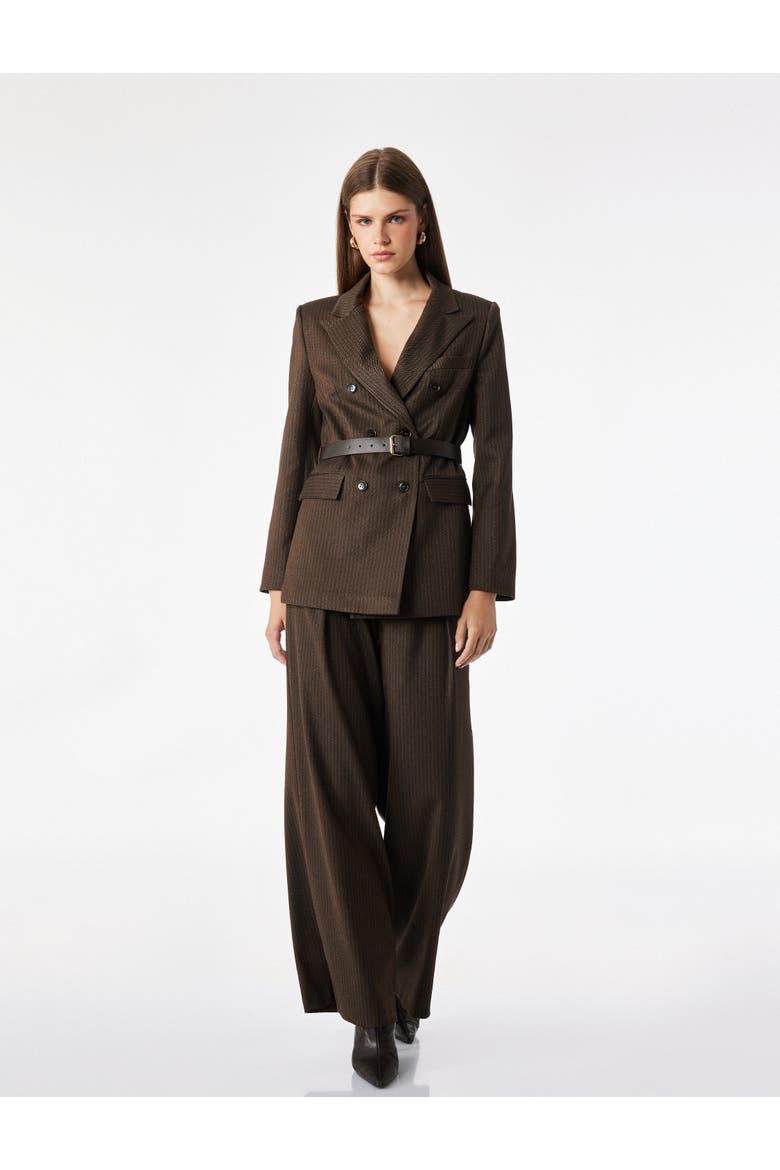 Long Sleeve Double-Breasted Belted Striped Blazer, Main, color, BROWN STRIPE
