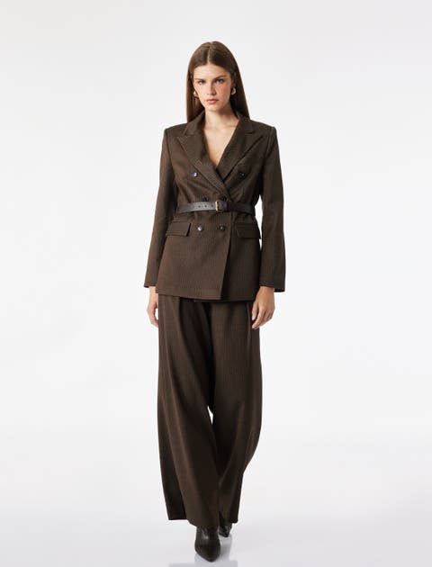 Long Sleeve Double-Breasted Belted Striped Blazer