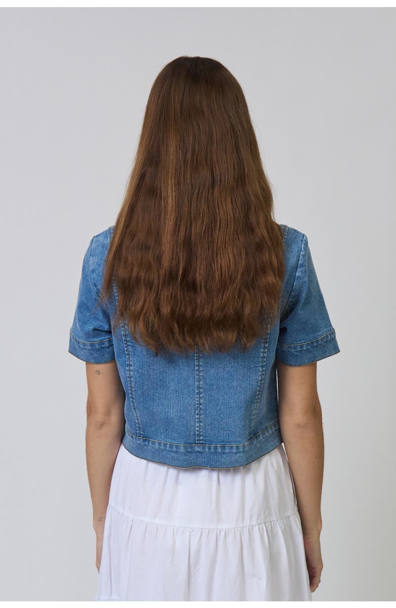 Central Park West Serena Short Sleeve Denim Jacket, Alternate, color, Medium Wash