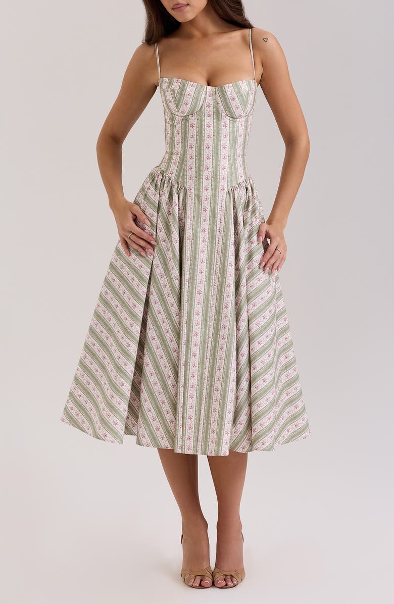HOUSE OF CB Mya Corset Sleeveless Midi Dress, Main, color, Rose Stripe Floral Green
