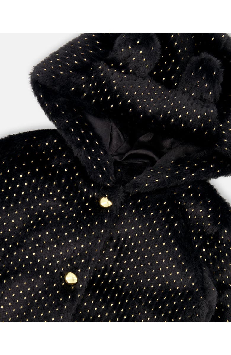 Deux par Deux Bear Faux Fur Coat with Gold Polka Dots, Alternate, color, Black