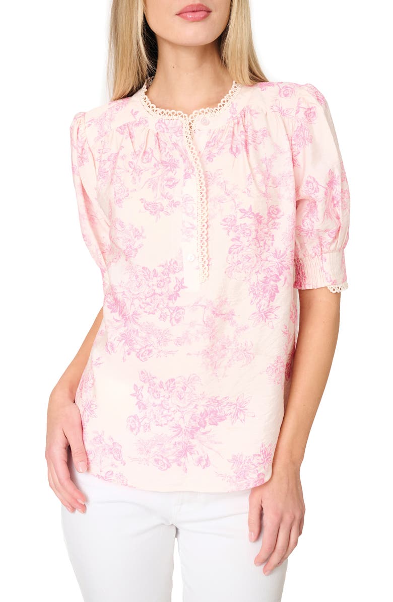 GIBSONLOOK Lace Trim Puff Sleeve Top, Alternate, color, Romantic Toile