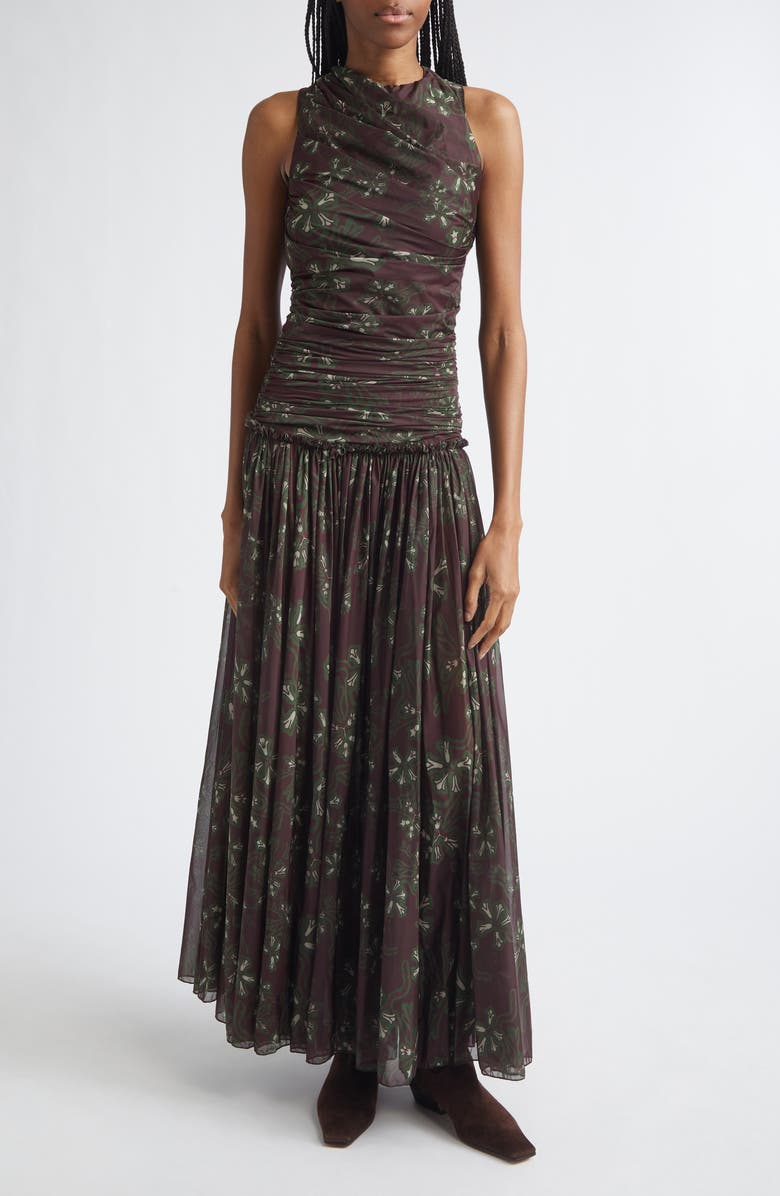 Siedrés Alina Floral Gathered Open Back Jersey Dress, Main, color, Brown Multi