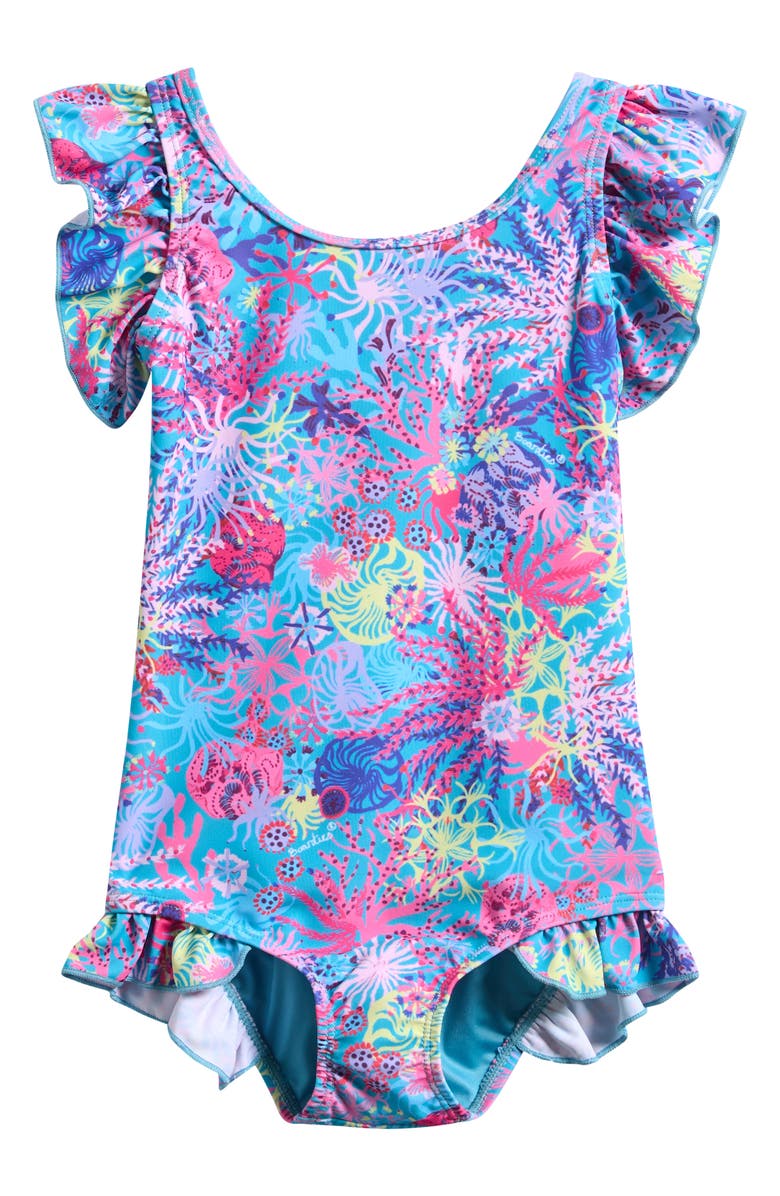 Boardies Kids' Sully Coral Ruffle One-Piece Swimsuit, Main, color, Blue Multi