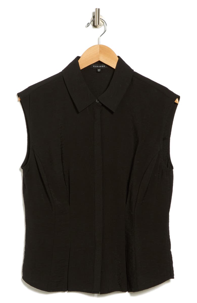 Pleione Cap Sleeve Pleated Button-Up Shirt, Alternate, color, Black