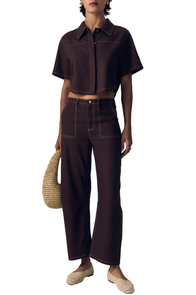 Short Sleeve Swing Linen Button-Up Shirt, Alternate, color, COCOA