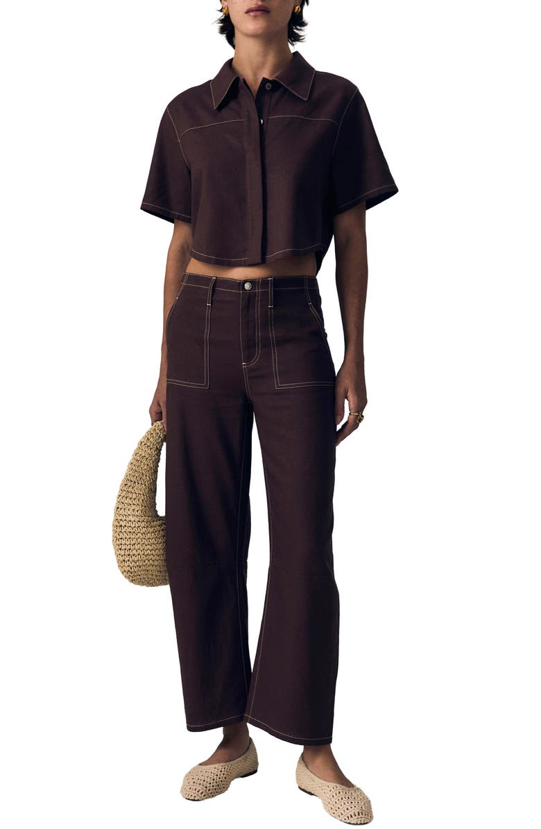 LE JEAN Short Sleeve Swing Linen Button-Up Shirt, Alternate, color, Cocoa