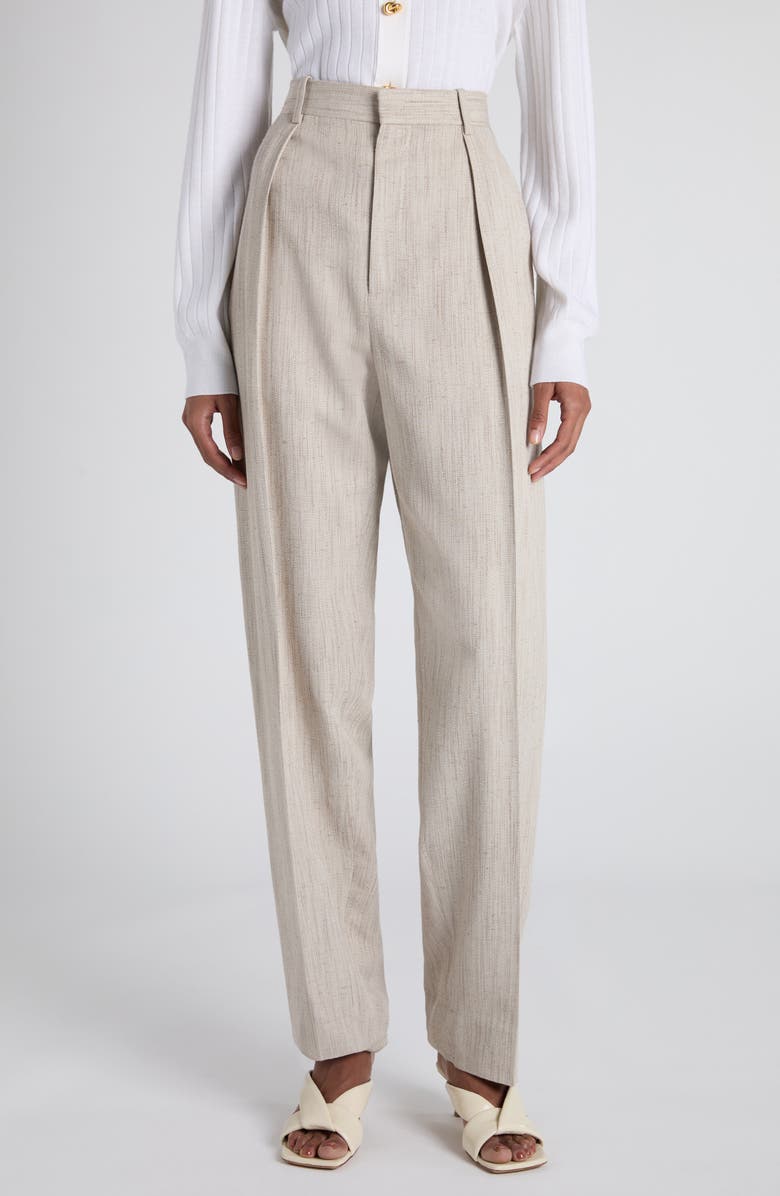 Bottega Veneta Pleated High Waist Tapered Trousers, Main, color, 2674 Grey Putty