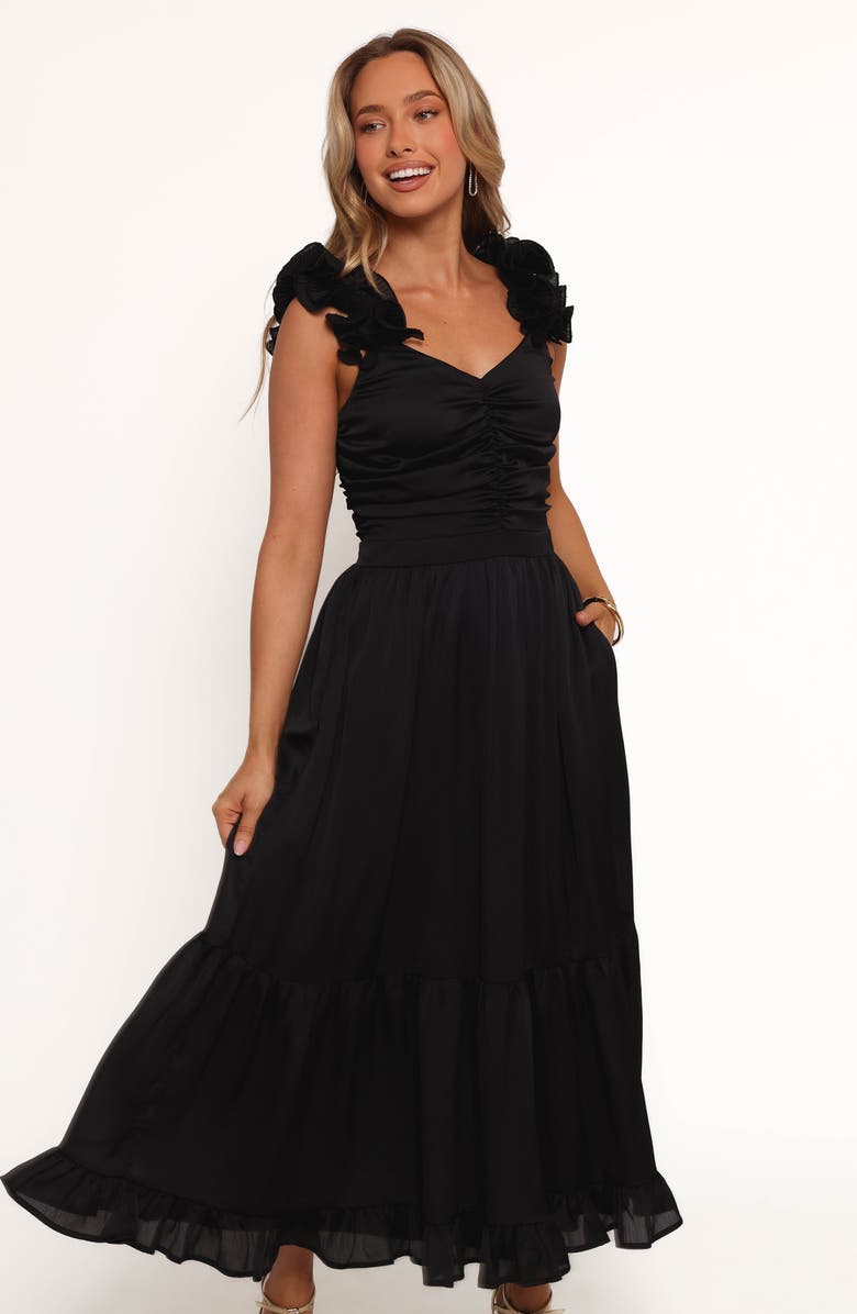 Petal & Pup Inca Ruffle Strap Midi Dress, Alternate, color, Black