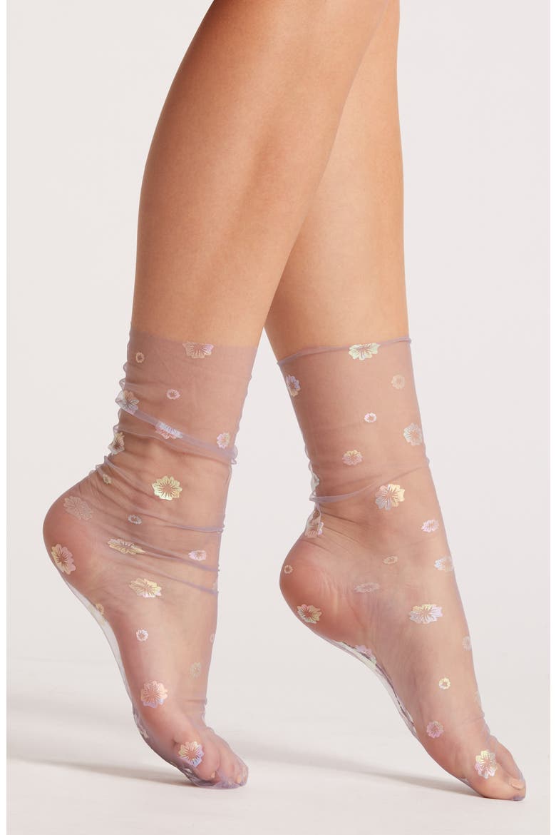 Hologram Daphne Tulle Crew Socks, Main, color, VIOLET