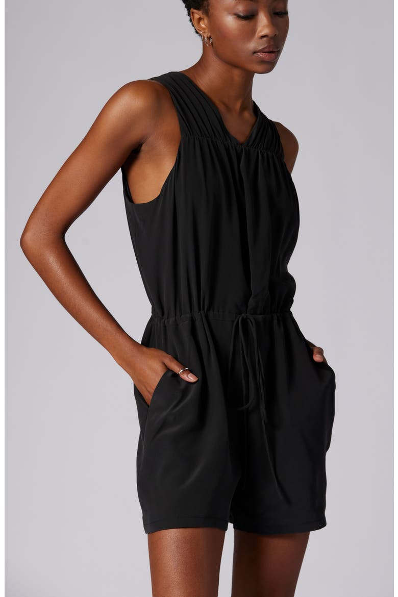 Lamara Sleeveless Silk Romper, Alternate, color, TRUE BLACK