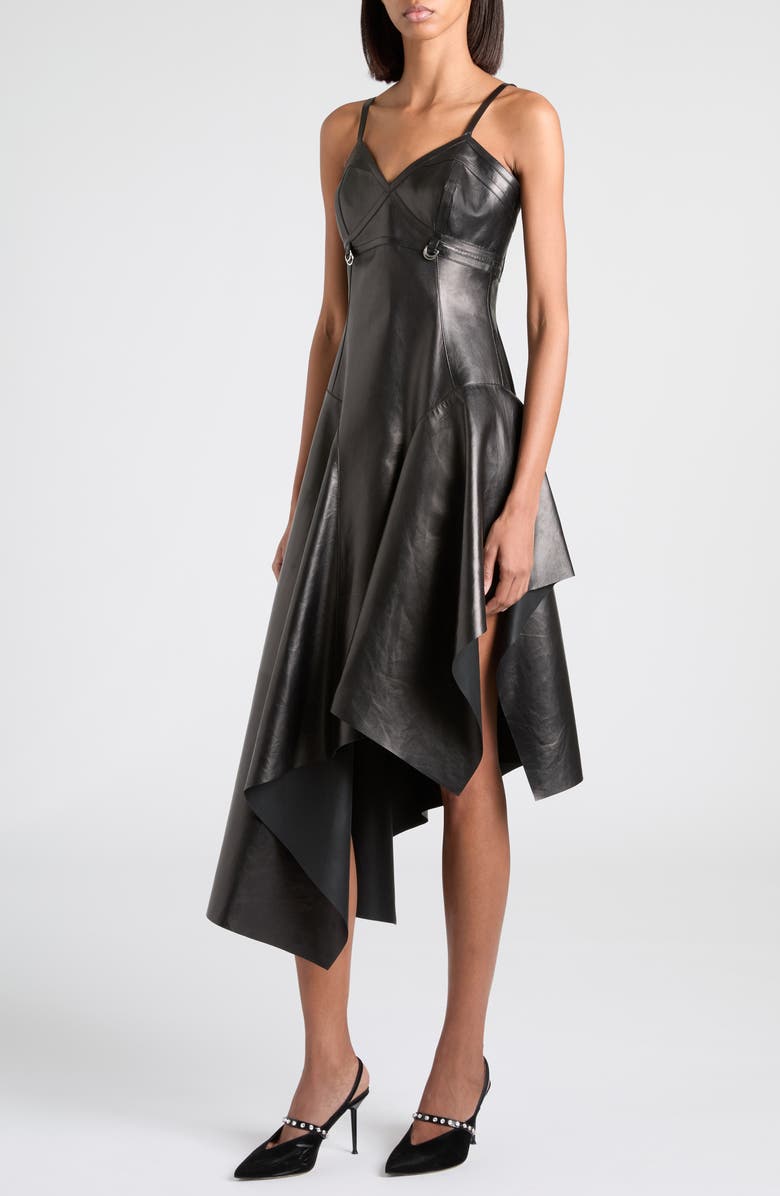 McQueen Asymmetric Draped Leather Dress, Alternate, color, Black