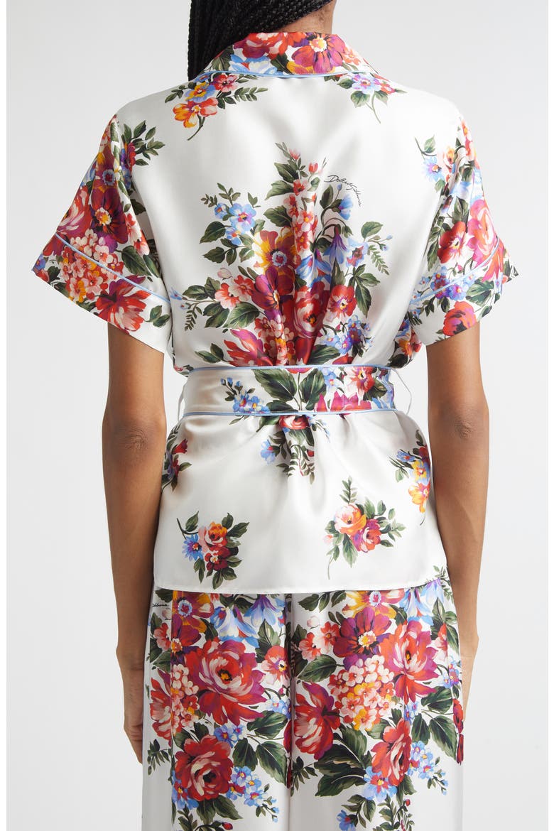 Floral Bouquet Print Belted Silk Twill Shirt, Alternate, color, MAZZ.FIORI F.BIANCO