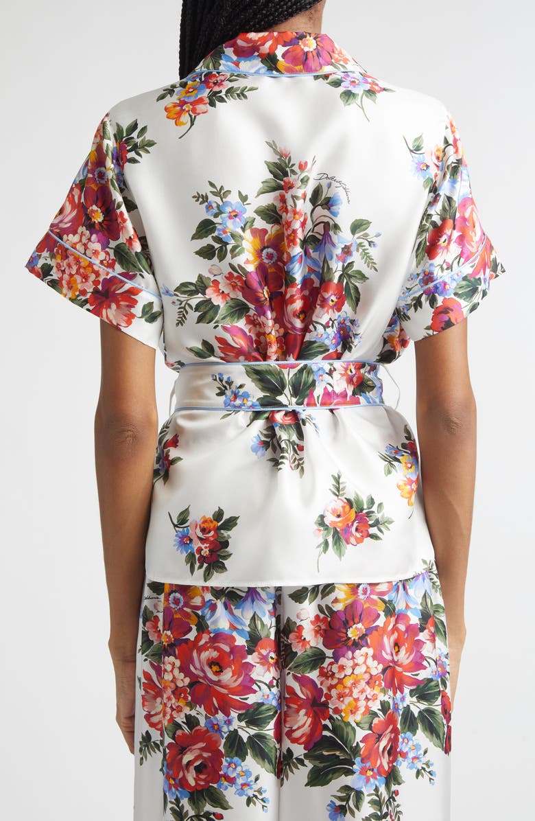 Dolce&Gabbana Floral Bouquet Print Belted Silk Twill Shirt, Alternate, color, Mazz.fiori F.bianco