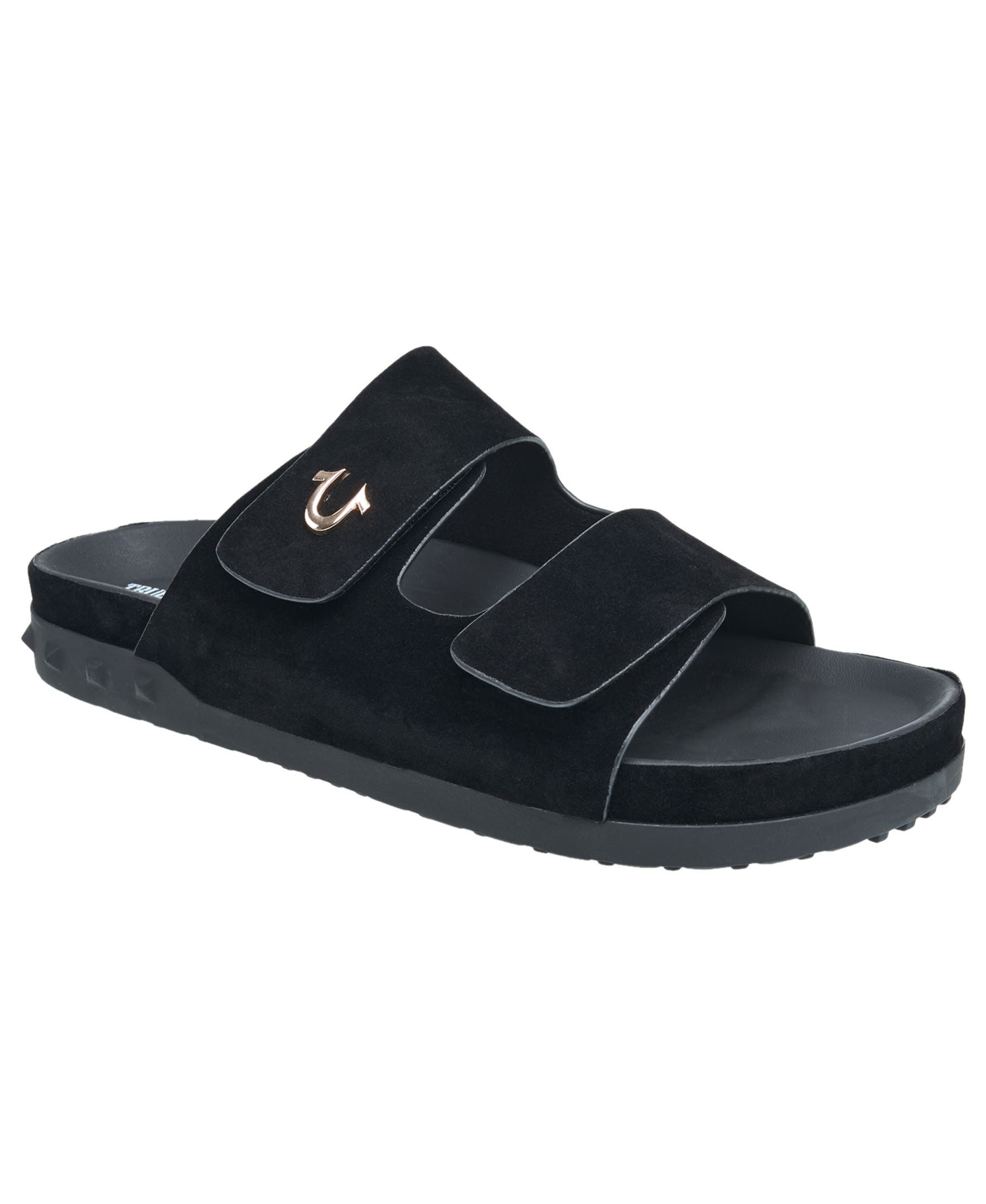 True Religion Sean Double Strap Metal Logo Sandal, Main, color, Black