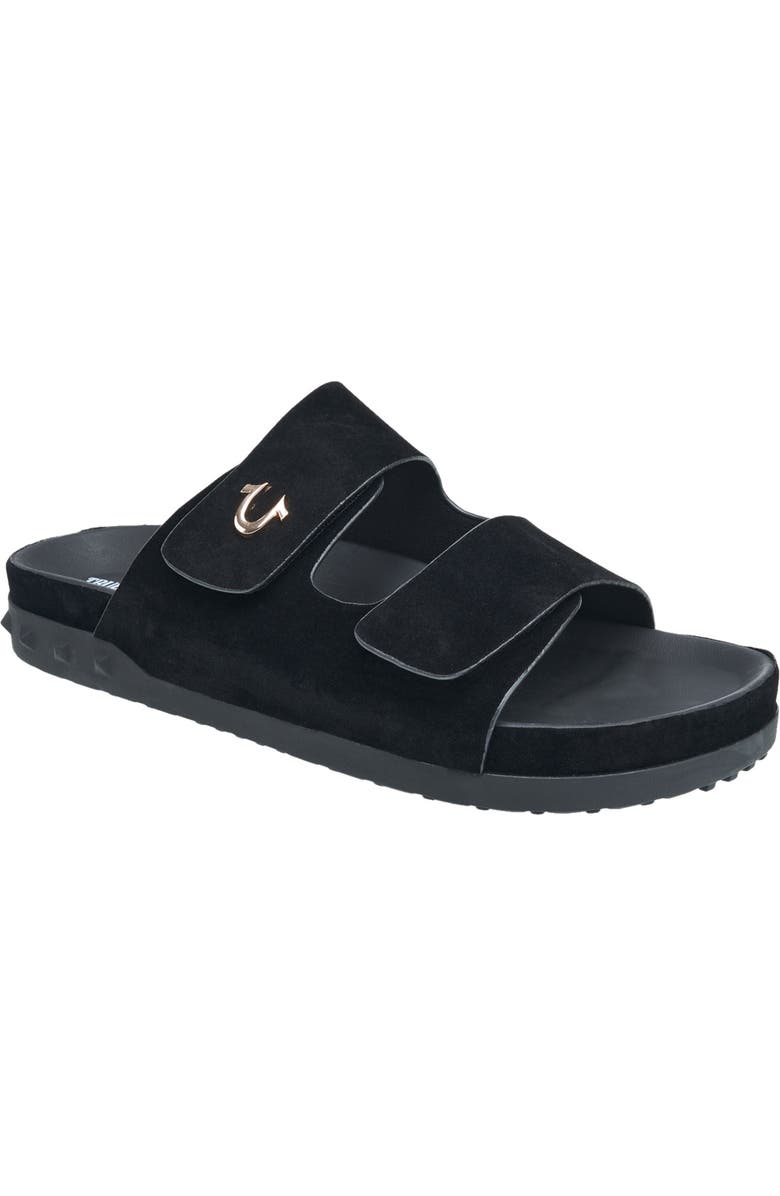 True Religion Sean Double Strap Metal Logo Sandal, Main, color, Black